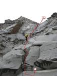  Дюльфер з перевалу Карачик в сторону льодовика Плоский. Ділянка R5-R6. Вид знизу (точка R6)