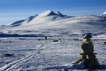 Підйом широкою долиною Bergedalen на плато Rondane. Майже інуїтські тури маркують найширшу ділянку підйому.